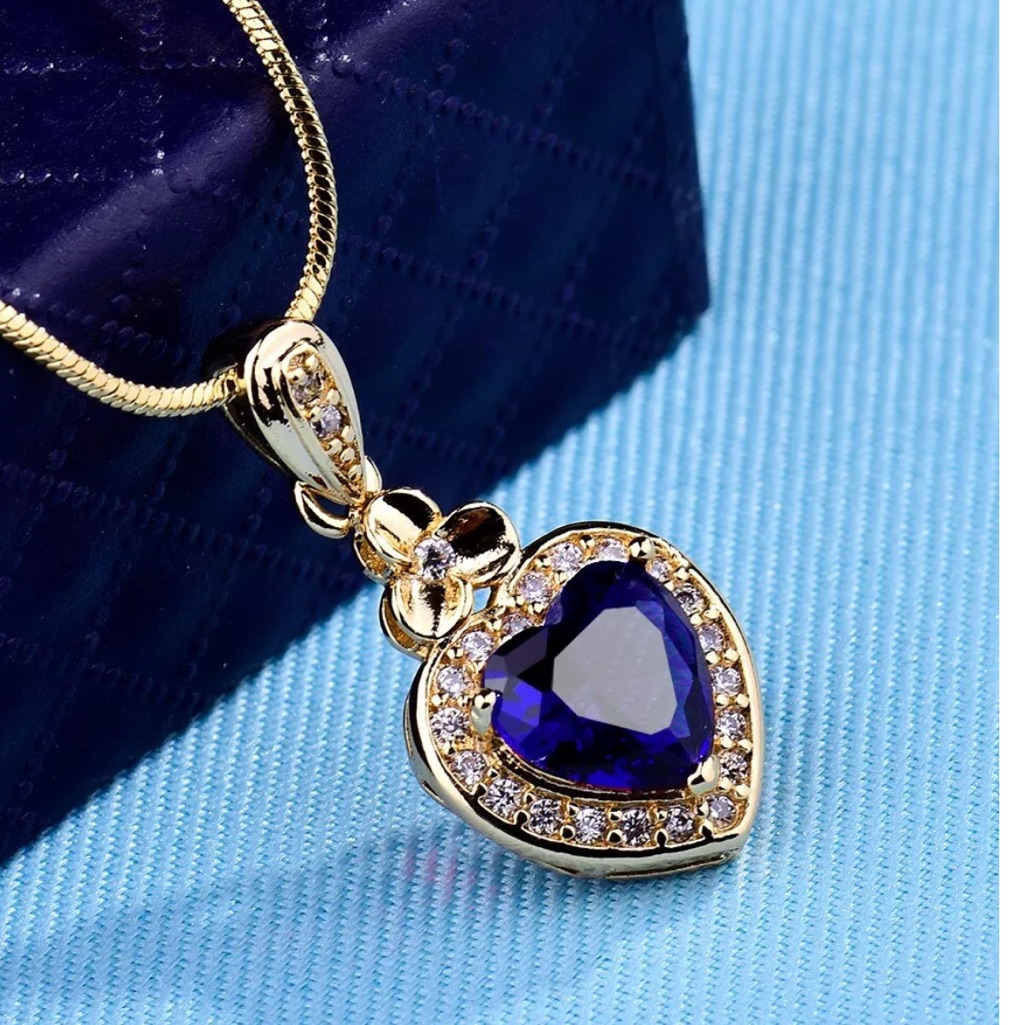 18k Yellow Gold Plated Blue Sapphire Cz Necklace